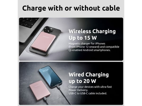 Intenso MW5000, 5000 mAh, Lithium Polymer (LiPo), Power Delivery, Programmable Power Supply (PPS), Trådløs lading, 3,85 V, Rosa