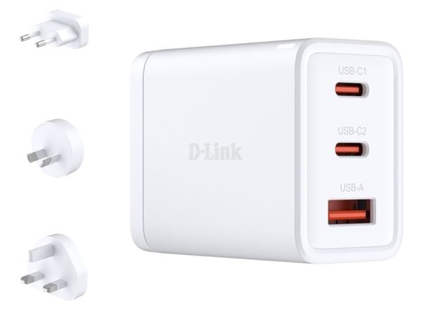 D-Link DCP-651 - Strømadapter - GaN - 65 watt - 5 A - PD 3.0, QC 4.0 - 3 utgangskontakter (2 x USB-C, USB-type A)