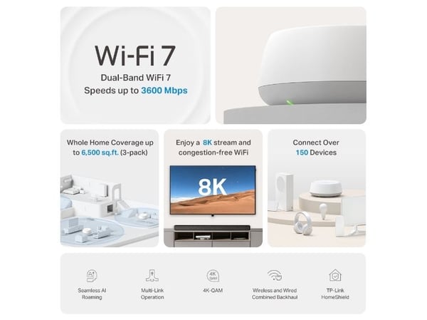 TP-Link DECO BE22(1-PACK), Hvit, Innvendig lys, Mesh system, Dobbelbånd (2.4 GHz / 5 GHz), Wi-Fi 7 (802.11be), 2882 Mbit/s