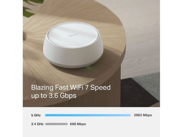 TP-Link DECO BE22(1-PACK), Hvit, Innvendig lys, Mesh system, Dobbelbånd (2.4 GHz / 5 GHz), Wi-Fi 7 (802.11be), 2882 Mbit/s