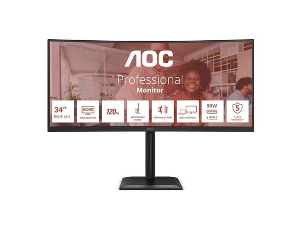 AOC E4 CU34E4CV, 86,4 cm (34"), 3440 x 1440 pixlar, UltraWide Quad HD, LCD, 4 ms, Svart