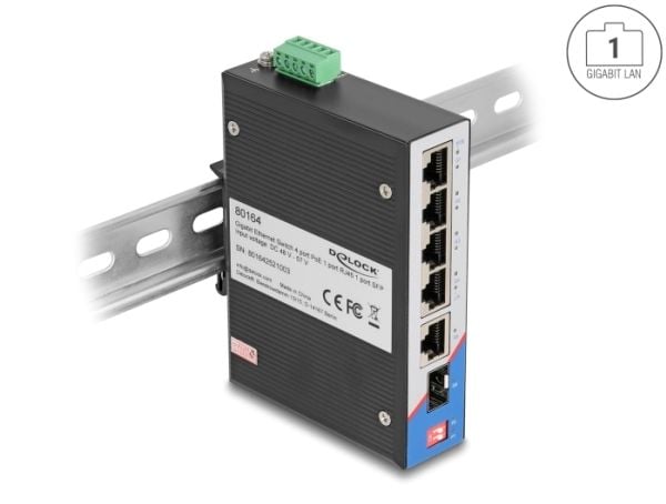 DeLOCK 80164, Gigabit Ethernet (10/100/1000), Power over Ethernet -tuki, DIN rail