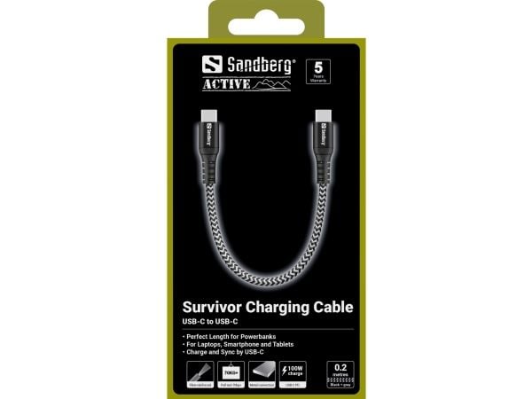 Sandberg Survivor - USB-kabel - 24 pin USB-C (hann) til 24 pin USB-C (hann) - 20 cm