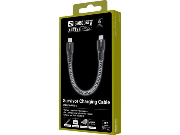 Sandberg Survivor - USB-kabel - 24 pin USB-C (hann) til 24 pin USB-C (hann) - 20 cm