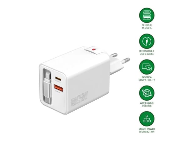 4smarts Flex Jojo 65W GaN 2xUSB-C + USB-A verkkolaturi valkoinen