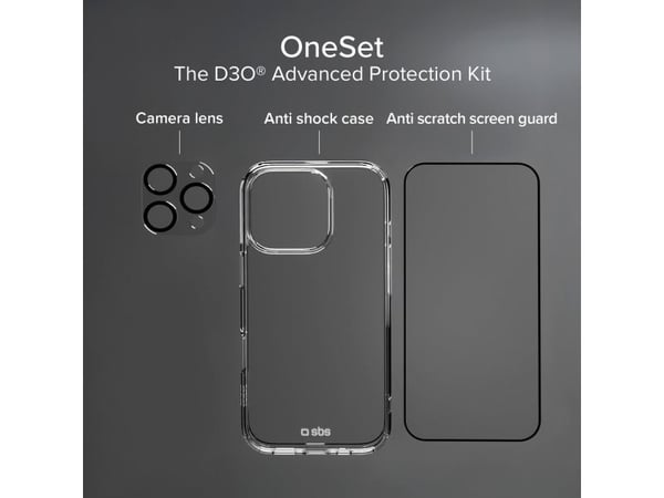 SBS-sett med D3O-teknologi for iPhone 16 Pro - etui + beskyttelsesglass for skjerm og kamera - gjennomsiktig