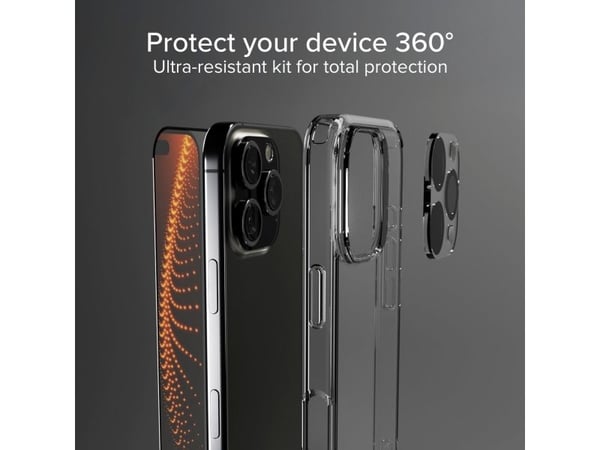 SBS-sett med D3O-teknologi for iPhone 16 Pro - etui + beskyttelsesglass for skjerm og kamera - gjennomsiktig