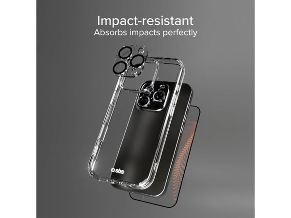 SBS-sett med D3O-teknologi for iPhone 16 Pro - etui + beskyttelsesglass for skjerm og kamera - gjennomsiktig