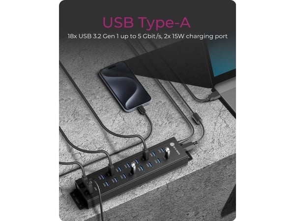 18+2 porter USB-hub, 18x USB-A-dataport, 2x USB-ladeport, USB 3.2 Gen 1 @ 5 Gbit/s, monteringshull, 96W strømforsyning, svart (IB-HUB1720-U3)