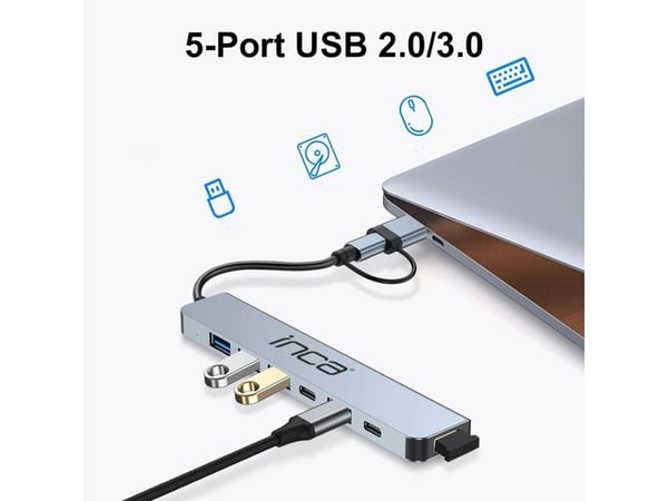 Inca IUTP-7T, USB 3.2 Gen 1 (3.1 Gen 1) Type-A + Type-C, USB 2.0 Type-A, USB 3.0, USB Type-C, 5000 Mbit/s, harmaa, alumiini, 100 W