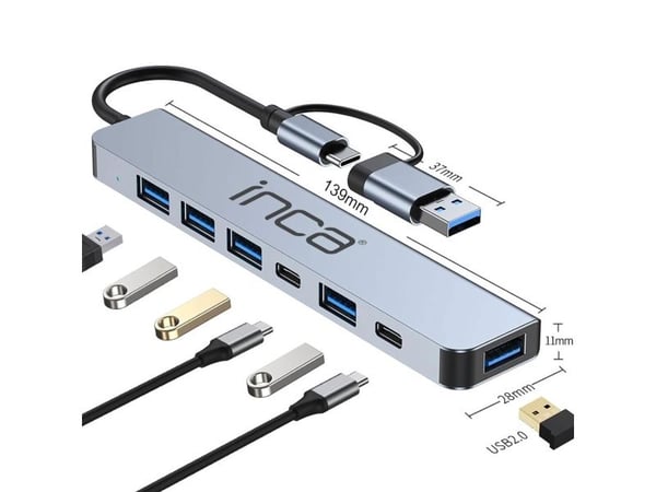 Inca IUTP-7T, USB 3.2 Gen 1 (3.1 Gen 1) Type-A + Type-C, USB 2.0 Type-A, USB 3.0, USB Type-C, 5000 Mbit/s, harmaa, alumiini, 100 W