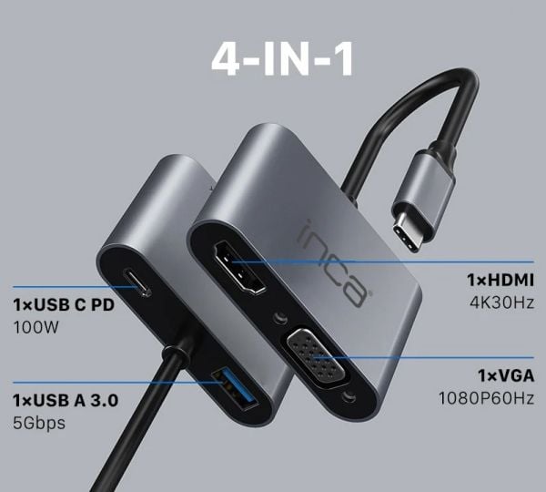 Inca ITPC-06TX, USB Type-C, HDMI, USB 3.0, USB Type-C, VGA, 5000 Mbit/s, 30 hz, 1920 x 1080 (HD 1080), 3840 x 2160, 1080p, 2160p