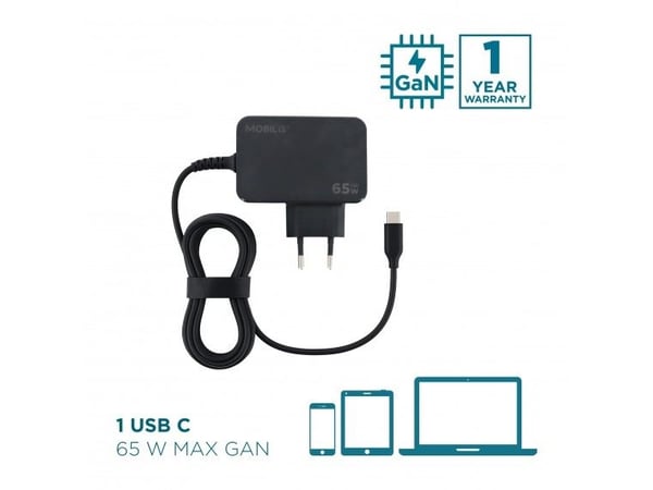 Mobilis - Strømadapter - 65 watt - 3.25 A - PD/PPS, PD, Fast Charge (USB-C) - svart - Europa