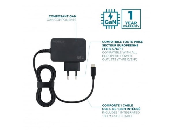 Mobilis - Strømadapter - 65 watt - 3.25 A - PD/PPS, PD, Fast Charge (USB-C) - svart - Europa
