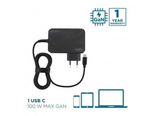 Mobilis - Strømadapter - GaN - 100 watt - PD/PPS, PD, Fast Charge (USB-C) - svart - Europa