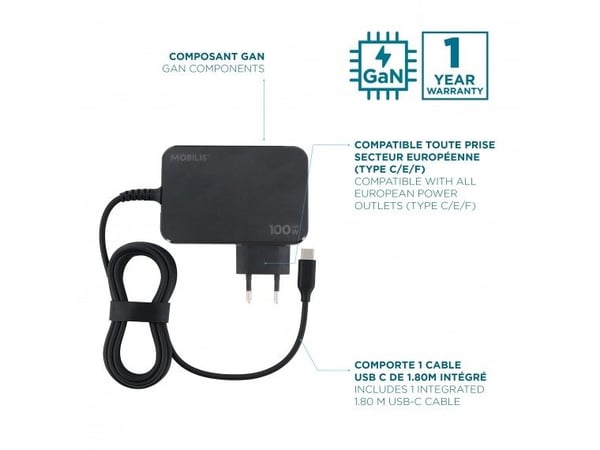 Mobilis - Strømadapter - GaN - 100 watt - PD/PPS, PD, Fast Charge (USB-C) - svart - Europa