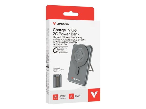 Verbatim Charge 'n' Go - Trådløs nødlader - magnetisk, med stativ - 5000 mAh - 20 watt - 2.4 A - PD 3.0, QC 3.0, Apple 2.4A, USB BC 1.2, AFC - 3 ut...