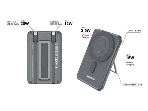 Verbatim Charge 'n' Go - Trådløs nødlader - magnetisk, med stativ - 5000 mAh - 20 watt - 2.4 A - PD 3.0, QC 3.0, Apple 2.4A, USB BC 1.2, AFC - 3 ut...