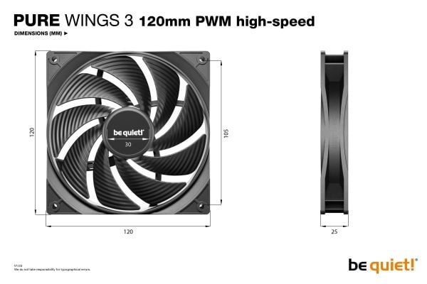 be quiet! Pure Wings 3 120mm | PWM high-speed Triple Pack, Vifte, 12 cm, 2100 RPM, 101,2 m³/t, Svart
