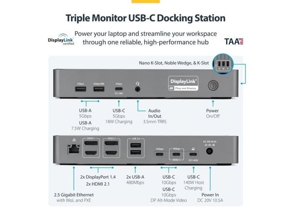 Startech - Dokkingstasjon - for bærbar - USB-C - 2 x HDMI, 2 x DP, USB-C - 2.5GbE - 140 watt - TAA-samsvar