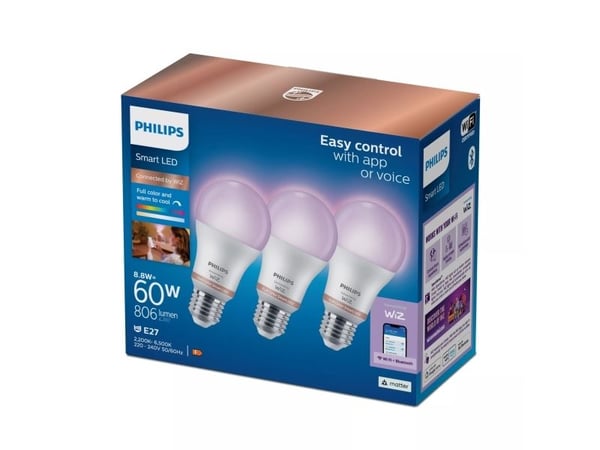 Philips Lyspære, 60 W A60 E27 x3, Smartpære, Hvit, E27, A60, Hvit, 2200 K