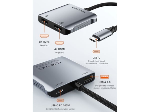 Cabletime CT-CM2H8K-AG, Thunderbolt 4, HDMI, USB 2.0 Type-A, USB 3.2 Gen 1 (3.1 Gen 1) Type-C, 60 Hz, 7680 x 4320, 4320p, 7680 x 4320 piksler