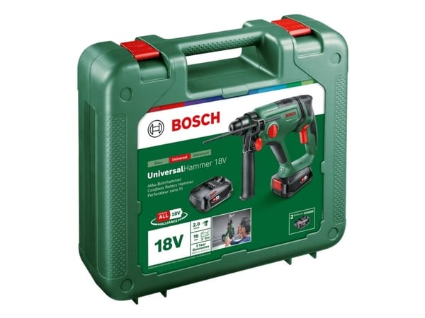Bosch UniversalHammer 18V - Roterende hammer - trådløs - 4-mode - SDS-plus - 2 joule - 2 batterier, inkludert lader - 18 V