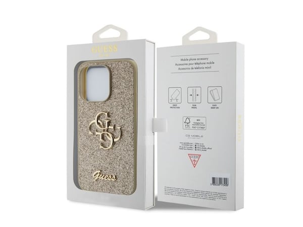 Originalt frontpaneldeksel GUESS GUHCP15LHG4SGD for iPhone 15 PRO (fast Glitter Big 4G / Gull)