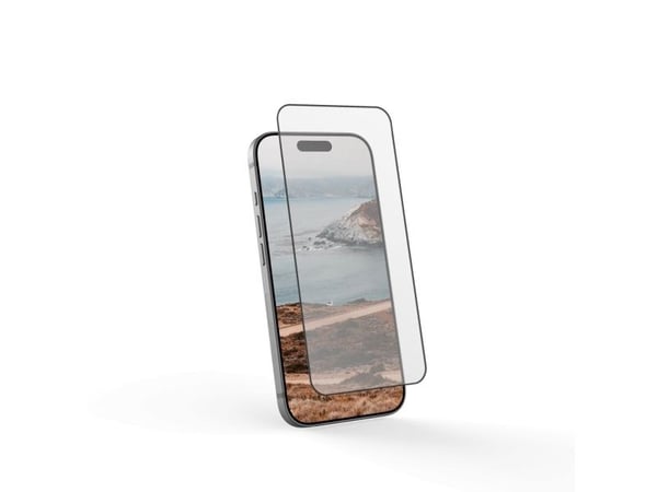 UAG Glass Shield karkaistu lasi iPhone 17 Pro:lle, mustalla kehyksellä varustettuna