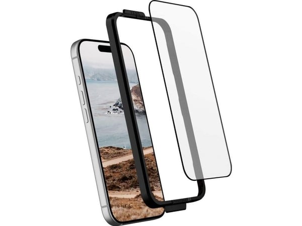 UAG Glass Shield karkaistu lasi iPhone 17 Pro:lle, mustalla kehyksellä varustettuna