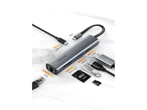 Cabletime HUBP7, USB Type-C, HDMI, RJ-45, USB 3.0, USB Type-C, MicroSD (TransFlash), SD, 5000 Mbit/s, 3860 x 2160, 2160p