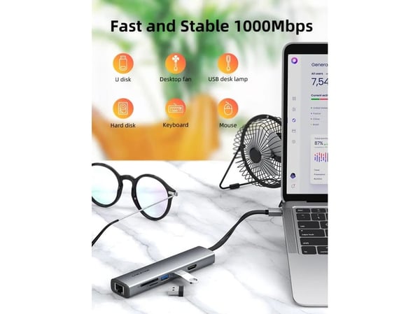 Cabletime HUBP7, USB Type-C, HDMI, RJ-45, USB 3.0, USB Type-C, MicroSD (TransFlash), SD, 5000 Mbit/s, 3860 x 2160, 2160p
