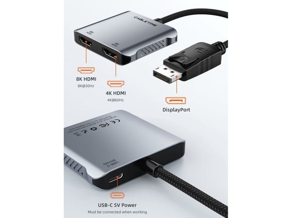 Cabletime CB74G, DisplayPort, 2 x HDMI, urosliitin, naarasliitin, Suora, Suora, Suora