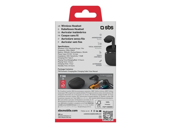 SBS TEEARTWSGOPODSK, True Wireless Stereo (TWS), Samtaler/musikk, 50 g, Hodesett, Sort