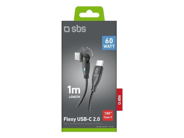 SBS Flexi, 1 m, USB C, USB C, USB 2.0, Svart