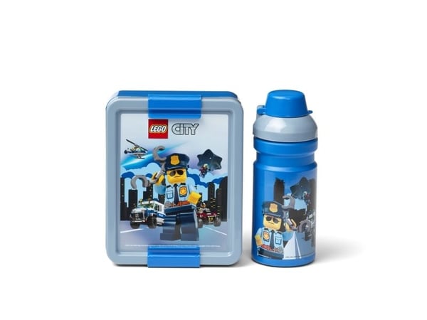 LEGO drikkeflaske + matboks LUNCH SET CITY, blå. Drikkeflaske med silikonhank & halvtransparent lokk (1 stk) (40581735)