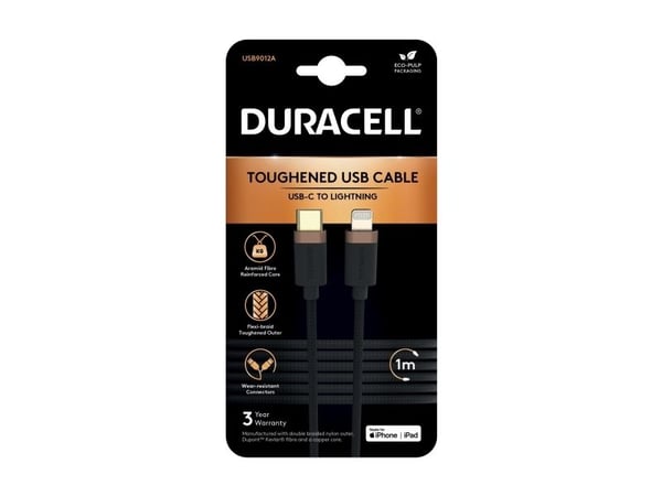 Duracell USB9012A, 1 m, Lightning, USB C, Hankjønn, Hankjønn, Svart