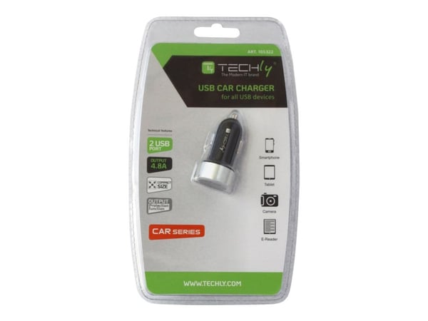TECHly - Bilstrømadapter - 24 watt - 4.8 A - 2 utgangskontakter (USB) - svart og grå