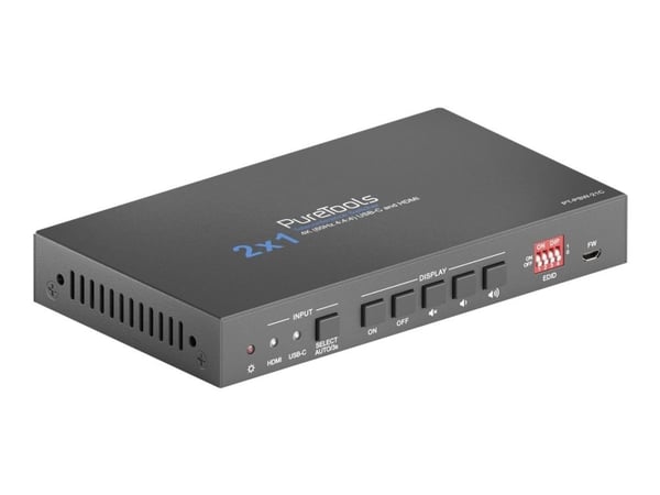 PureTools - 2x1 telekonferansebryter USB C- og HDMI-inngang og HDMI-utgang, 4K (60 Hz 4:4:4), USB-C-lading opp til 40 W med 2 porter USB-hub og Aud