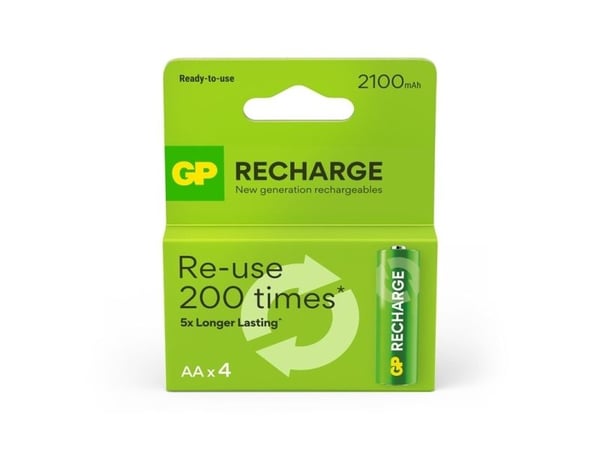 GP - Uppladdningsbart batteri, storlek AA, 2100 mAh, 4-pack (201258)