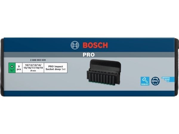 Bosch 2 608 003 039, Hylssats, 1/2", Metrisk, 9 huvuden, 10,12,13,14,15,16,17,18,19 mm, 77 mm