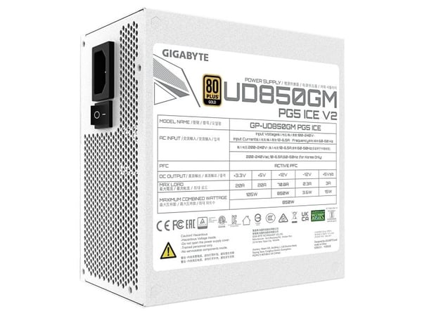 GIGABYTE UD850GM PG5 V2 ICE, 850 W, 100 - 240 V, 50/60 Hz, 12 - 6,5 A, aktiv, 105 W