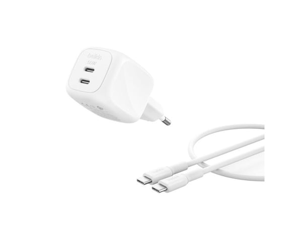 Belkin BoostCharge Pro - Strømadapter - GaN - 50 watt - Fast Charge - 2 utgangskontakter (2 x USB-C) - hvit - med USB-C-kabel (1m)