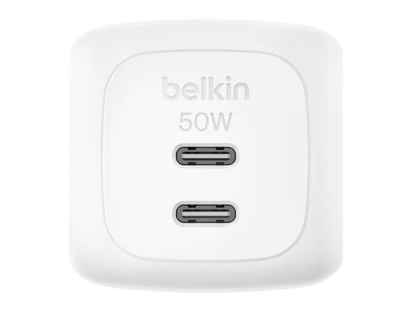 Belkin BoostCharge Pro - Strømadapter - GaN - 50 watt - Fast Charge - 2 utgangskontakter (2 x USB-C) - hvit - med USB-C-kabel (1m)