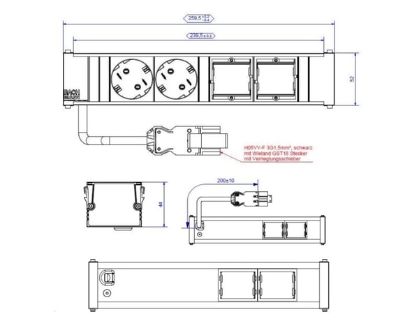 Bachmann 912.027, Sisätila, Alumiini, Muovi, musta, Hopea, 2 AC-pistorasia(a), 52 mm, 259,5 mm