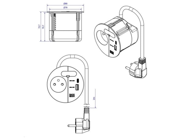 Bachmann 938.302, AC + USB A + USB C, Vastaanotto, Valkoinen, IP20, 250 V, 16 A