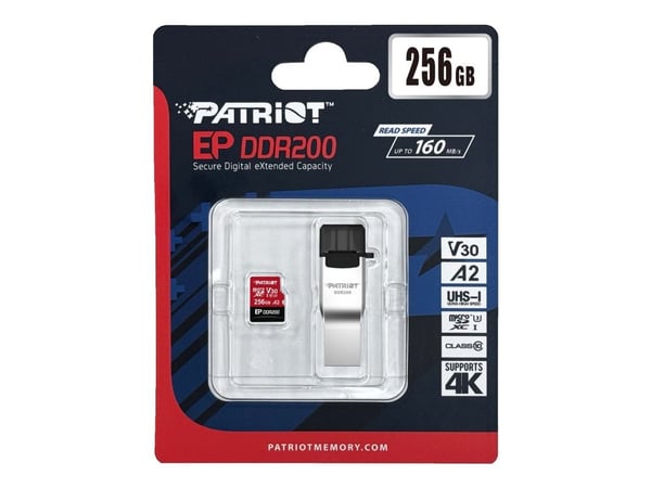 Patriot EP Series - Flash-muistikortti (microSDXC-SD-sovitin mukana) - 256 GB - Videoluokka V30 / UHS-I U3 / Class10 - microSDXC UHS-I - USB-A / US...