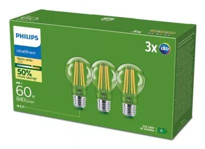Philips - LED - form: A60 - klar finish - E27 - 4 W (ekvivalent 60 W) - varmt hvitt lys - 2700 K - blank (en pakke 3)