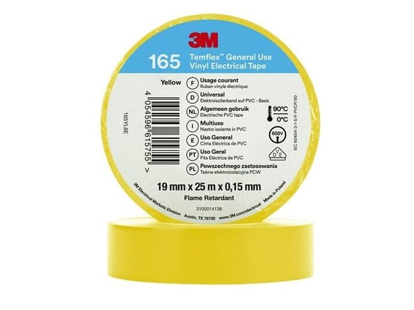 3M 165YL6E, 1 kpl, Keltainen, PVC, 600 V, läpipainopakkaus, 25 m