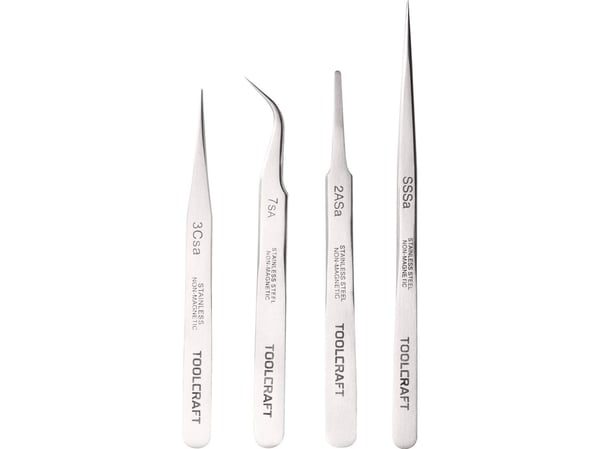 TOOLCRAFT 816747 Pincett set 4 st SS SA, 2a SA, 7 SA, 3c SA Plattrund, Spets, böjd 55°, Spets, Spets, smal